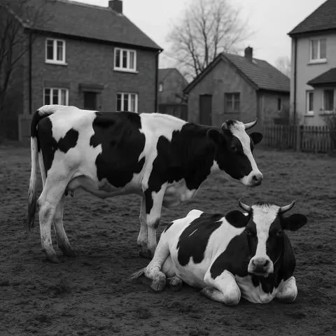 Two Black-and-white Cows on a Muddy Ground near Residential Buildings
