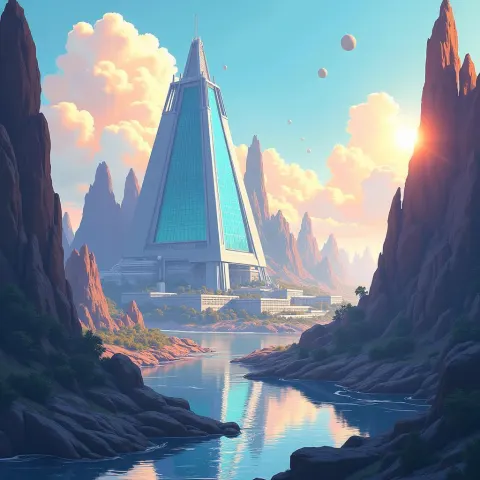 Glass Triangle Tower in a Serene Anime City