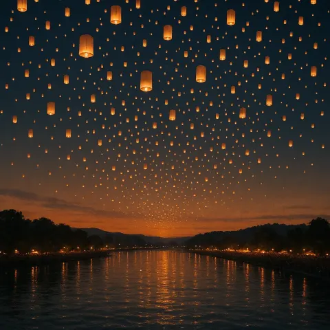 Countless Glowing Paper Lanterns Ascend into the Twilight Sky