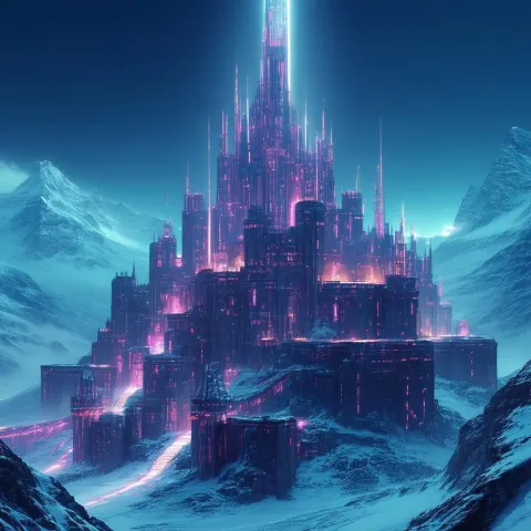 Neon Fortress Spire Overlooking a Frosty Valley