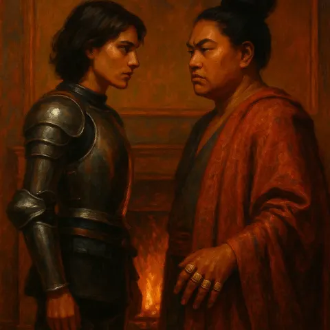 Androgynous Warrior in Metallic Greaves and a Regal Pacific Islander