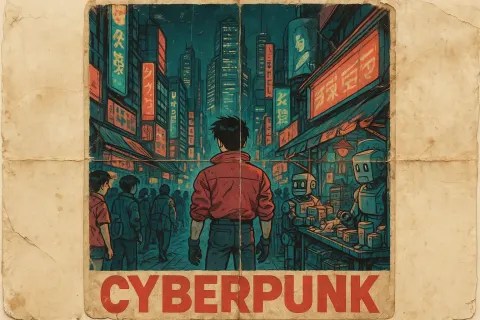 Energetic Poster for a Futuristic Cyberpunk Anime Film
