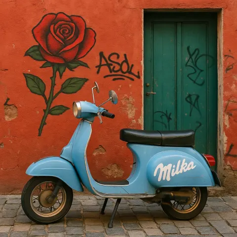 Vintage Blue Milka-branded Scooter Parked in Front