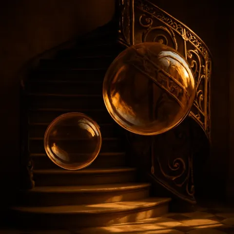 Two Varied Bubbles Drift Before an Ornate Spiral Staircase