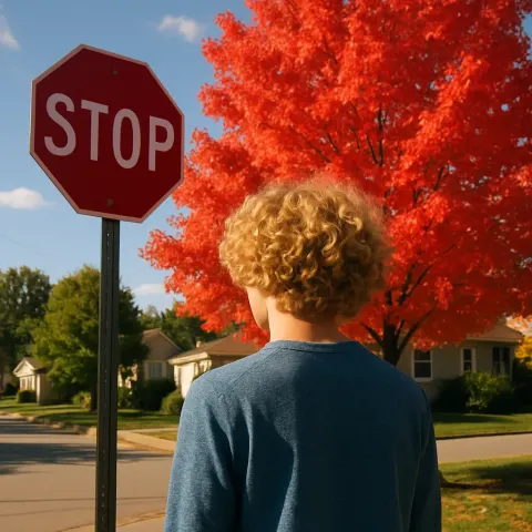 Person with Curly Blonde Hair Stands near a Stop Sign