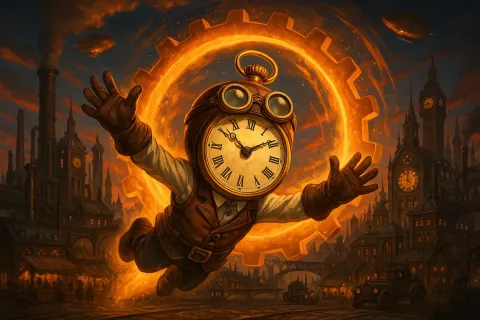 Steampunk-themed Character with a Head Resembling a Golden Pocket Watch