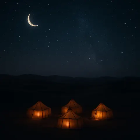 Small Group of Nomadic Tents Glows Faintly Amidst an Immense
