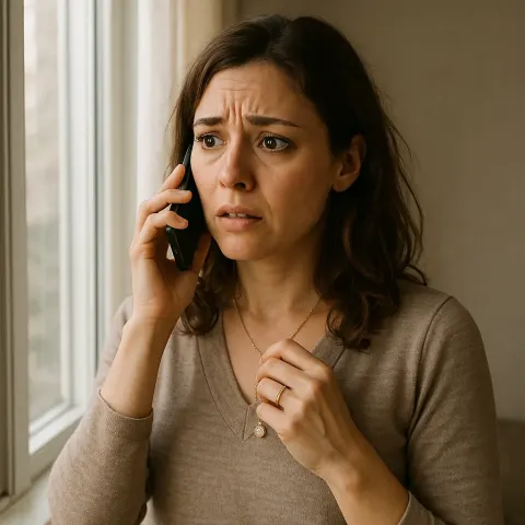 Woman with a Worried Look Is Talking on the Phone