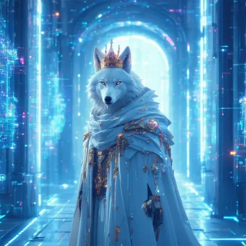 Crowned White Wolf in a Neon Hologram Alley