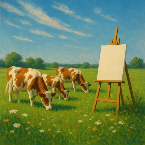 Three Cows with Coats Patterned in Brown and White Quietly