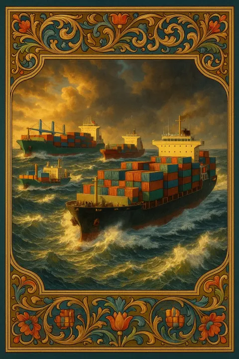 Four Varied Container Ships Navigate a Stormy Sea