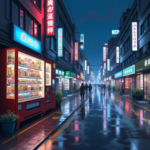 Rainy Anime City Night With Glowing Vending Machine