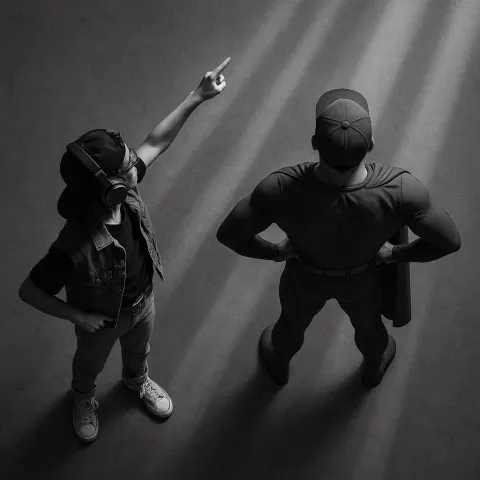 Retro-tech Teen Pointing an Item and a Cap-wearing Hero