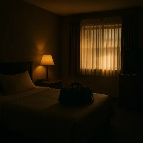 Dimly Lit Hotel Room with a Bed