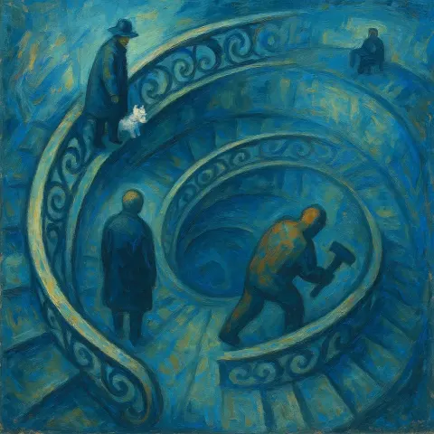 Ornate Spiral Staircase Leading to a Mezzanine Level Unfolds