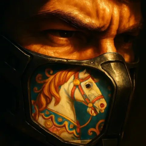 Surreal Cybernetic Visor Mirrors a Whimsically Painted Carousel Detail