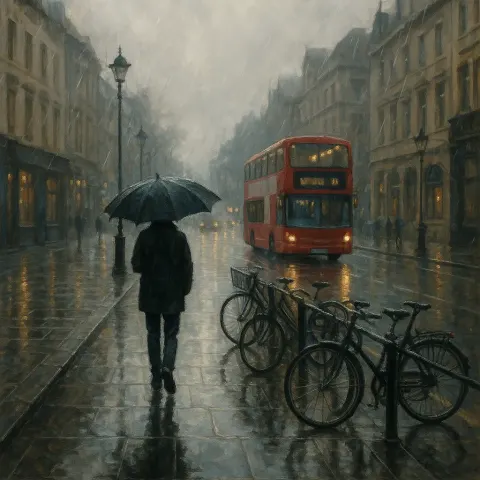 Rainy City Street Scene with a Person Holding an Umbrella