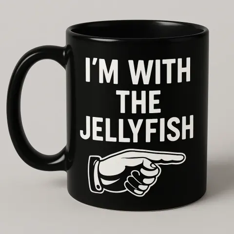 Black Mug with the Text "I'M WITH THE JELLYFISH"