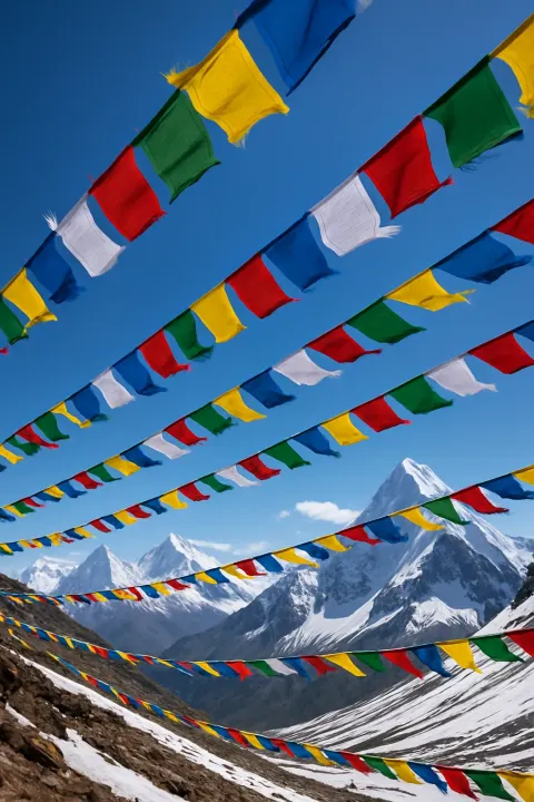 Myriad Brightly Colored Prayer Flags Stretch in Long Lines