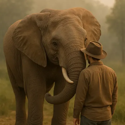 Person Stands Quietly as the Elephant Presses Against Them Softly