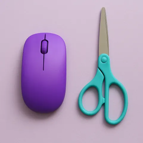 Teal Pair of Scissors Alongside a Violet-colored Computer Mouse