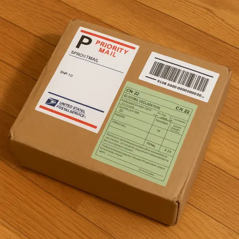 Brown Package with USPS Priority Mail Shipping Labels