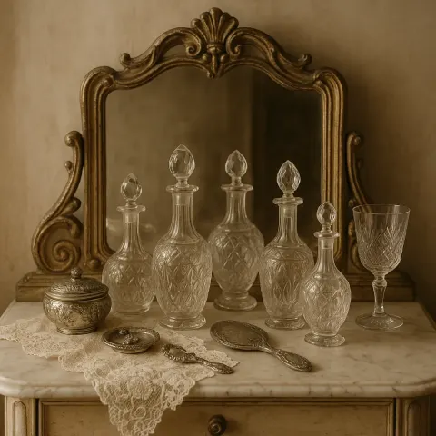 Vintage Marble Vanity Table Adorned with Ornate Glass Decanters
