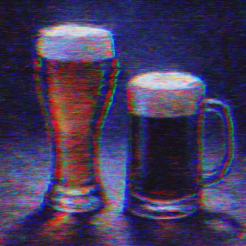 Two Diverse Beer Glasses Sit Asymmetrically under Dim
