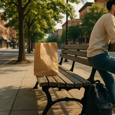 Welcoming Urban Scene Unfolds with a Weathered Park Bench Holding