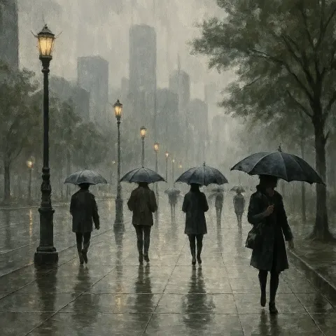 Umbrella-toting Pedestrians Walk Along a Damp Sidewalk
