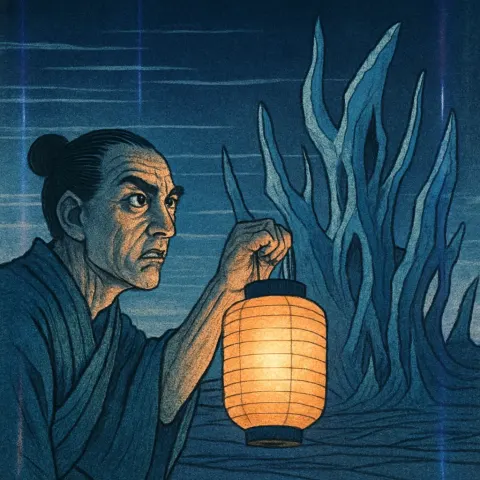 Alert Ukiyo-e Figure with Deep-set Eyes Hoists a Glowing Lantern
