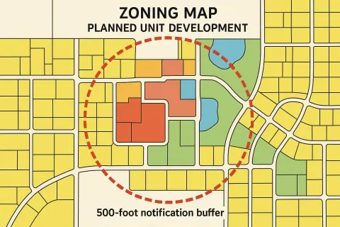 Zoning Map Highlighting Planned Unit Development Areas with Different Colored
