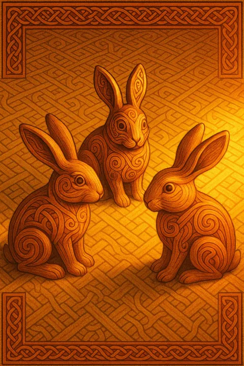 Three Varied Wood Rabbits in Book of Kells Illumination Style