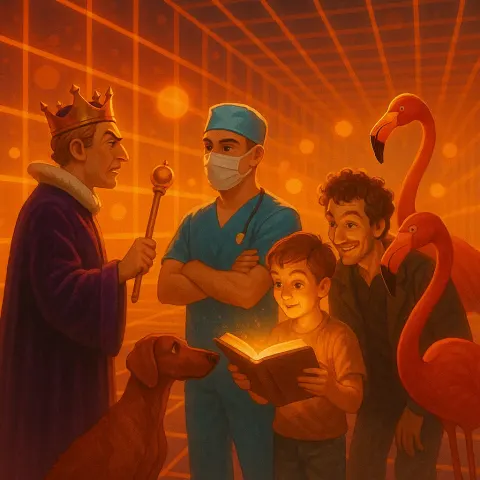 Velvet-clad Leader with Raised Scepter Addresses a Sporty Healthcare Worker