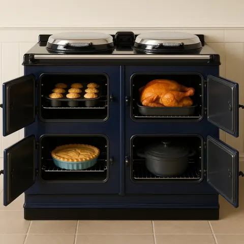 Elegant Blue Multi-oven Aga Range Cooker with Open Doors Revealing