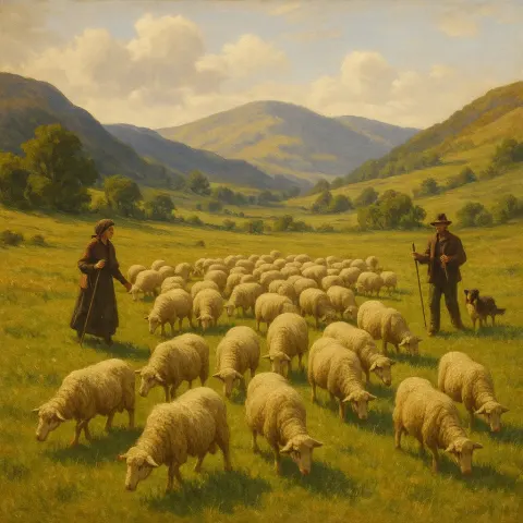 Rural Landscape with Shepherds Herding Sheep Across Grassy Fields Surrounded