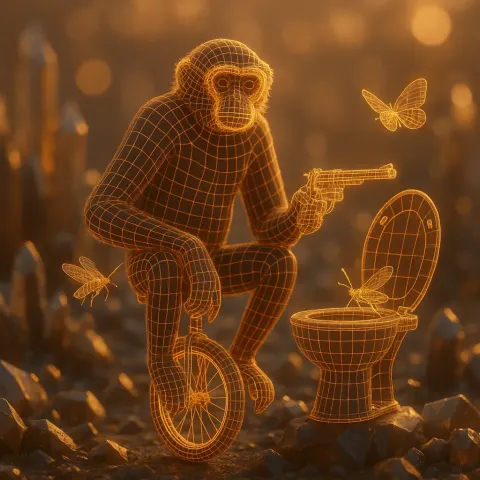 Wireframe Gibbon with its Unicycle