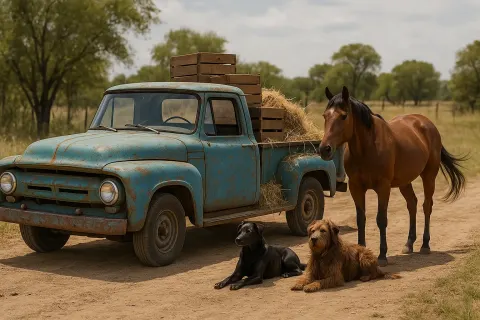 Rugged Blue Pickup Truck Rests on a Dusty Path
