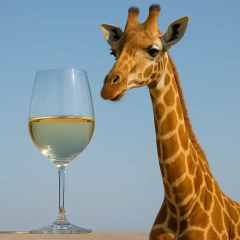 Transparent White Wine Glass Positioned Next to a Towering Giraffe