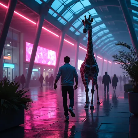 Man and Giraffe Chase Under a Neon Glass Roof