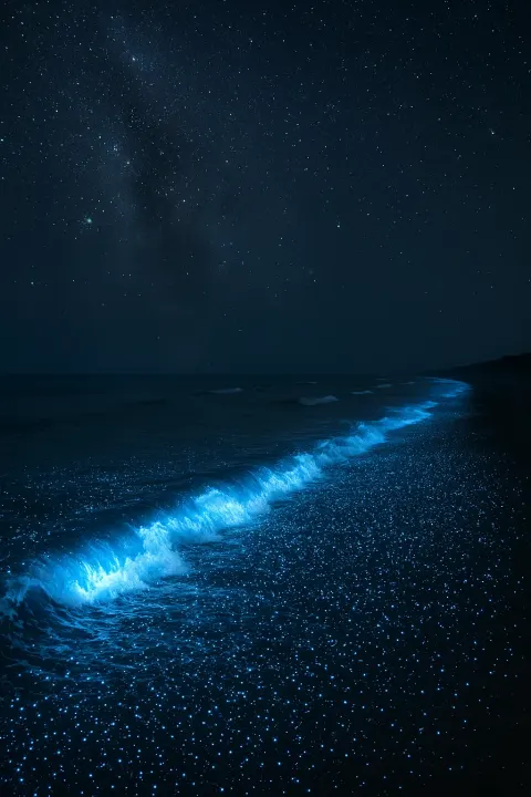 Countless Shimmering Bioluminescent Plankton Illuminate the Breaking Waves Along