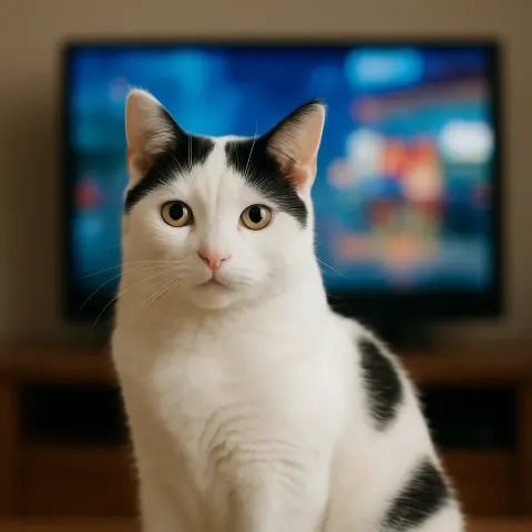 White Cat with Black Markings Sits in the Foreground