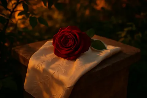 Crimson Rose with Velvety Petals Lies Elegantly Atop a Cream-hued