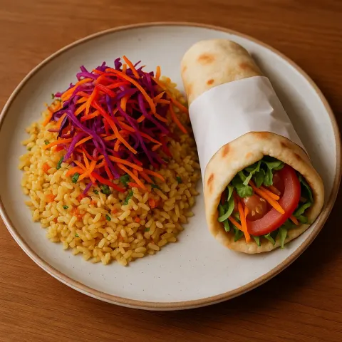 Plate with Seasoned Rice Topped with Colorful Shredded Vegetables