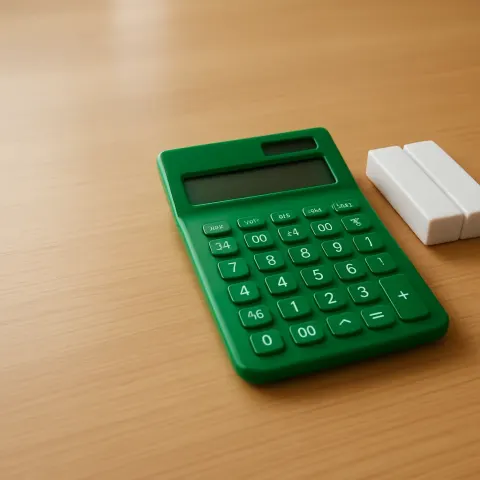Modern Green Calculator Rests Beside Two Pristine White Board Erasers