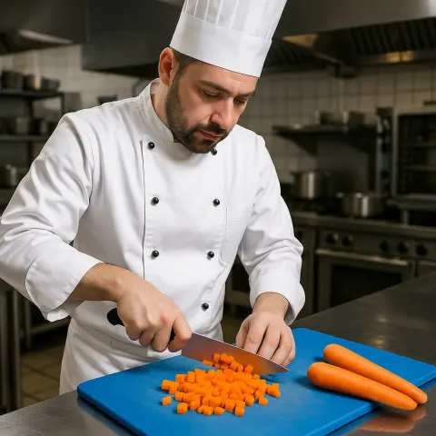 Chef in a White Uniform Chopping Carrots