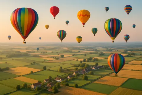 Many Brightly Colored Hot Air Balloons Drift Serenely
