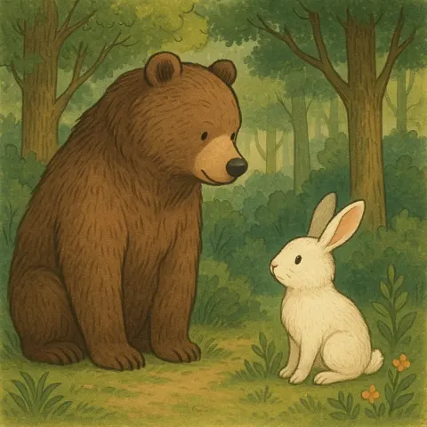 Depict a Forest Scene Featuring a Bear and a Rabbit