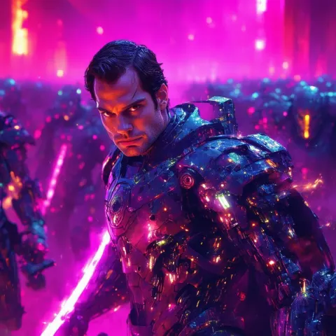 Neon Closeup of Henry Cavill Fighting Necrons