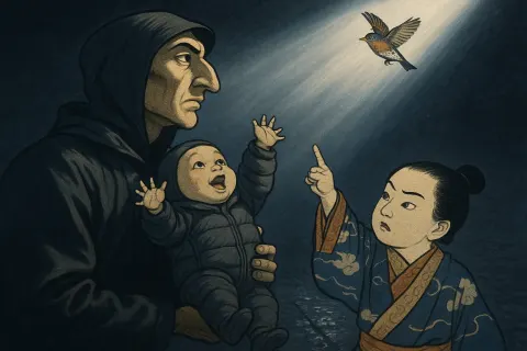 Aquiline-nosed Figure Holds an Infant in Tech Fabric